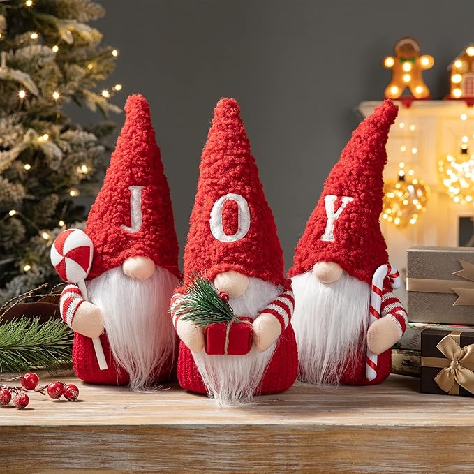 Glitzhome 3 Pack Joy Gnome Christmas Decorations, Fabric Handmade Plush Gnomes Santa Ornaments for Tabletop Home Holiday Decor