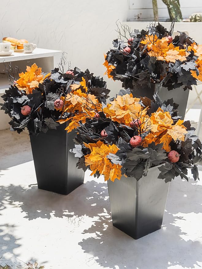10pcs Fake Plants Outdoor, Halloween Maple Pumpkin Branch, Autumn Artificial Pumpkins Stem with Black & Orange Maple Leaves, Faux Maple Leaves Spray for Halloween Thanksgiving Home Deocr