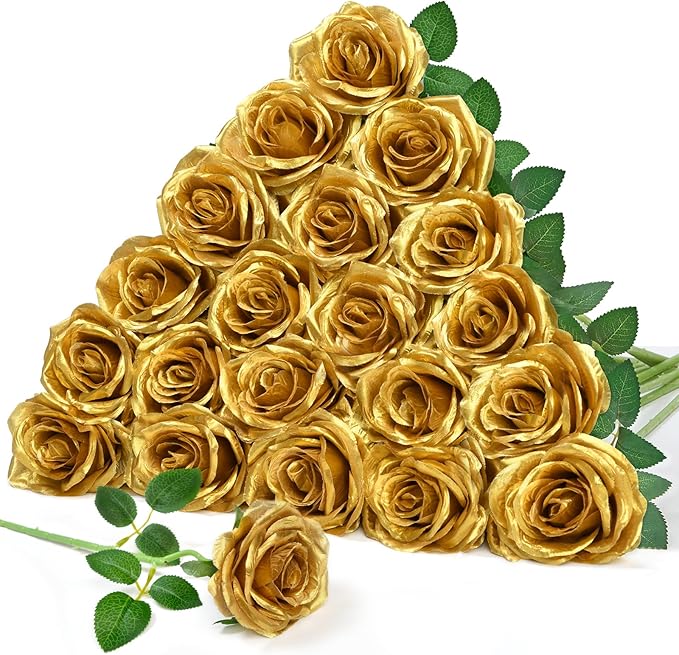 Serwalin 20pcs Artificial Gold Roses, 4'' Big Flower Head, Fake Roses Velvet Real Touch, Silk Roses Long Stems Realistic Bouquet for Wedding Parties Table Centerpiece and Home Decor