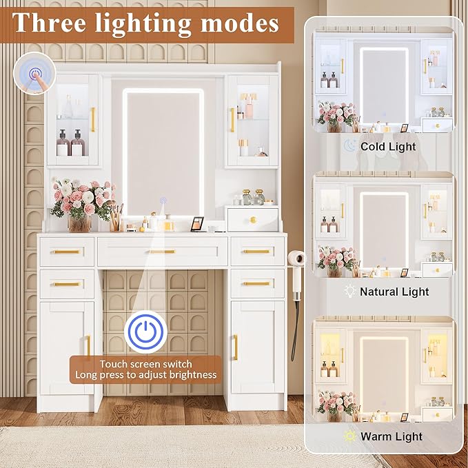 NUNU LAB Large White Vanity Desk with Mirror and Lights with 7 Drawers, Women Makeup Table with Power Outlet, 3-Color Adjustable Lighting for Bedroom Brown