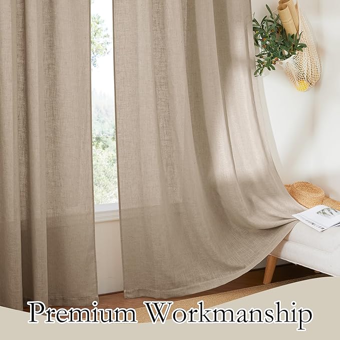 RYB HOME Natural Linen Curtains 102 inches Long, Light Filtering Privacy Protection 2 Panels Set Semi Sheer Home Decor for Sliding Glass Door Bedroom Doorway, W 52 x L 102 inches, Khaki