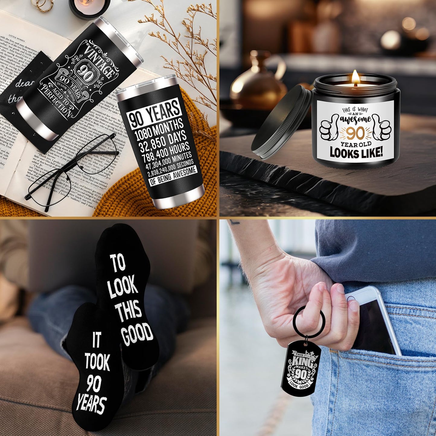 JTAMOHI 90th Birthday Gifts for Men - Unique Box with 20 Oz Tumbler, Scented Candle, Socks, Baseball Cap for Husband, Dad, Grandpa, Friends, Teachers, Boss