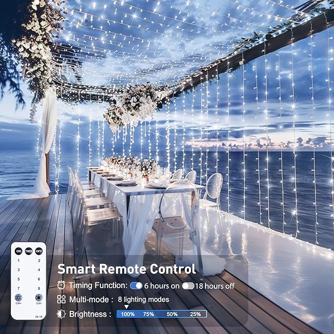 JMEXSUSS 9.5x29.5ft Curtain Lights Indoor Outdoor Decor with Remote, 900LED White Christmas Lights Plug in, Hanging String Lights for Bedroom, Wall, Window, Patio, Garden, Wedding, Reception, Backdrop