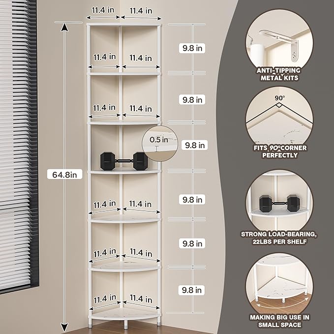 7 Tier Corner Shelf Stand Kitchen Organizer with Metal Frame for Organization & Storage Corner Shelves Kitchen Decor Accessories Marble White 64.7"