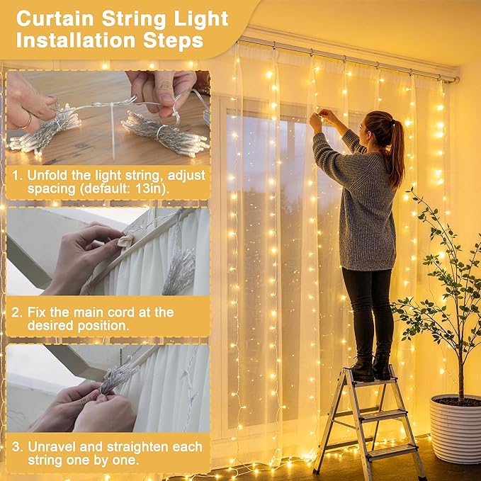 JMEXSUSS 600 LED Curtain Lights Outdoor, 9.5ft x 19.6ft Window Hanging Lights with Remote, Plug in, 8 Modes, Indoor String Lights for Bedroom, Wall, Xmas, Party, Backdrop, Wedding Decor, Warm White