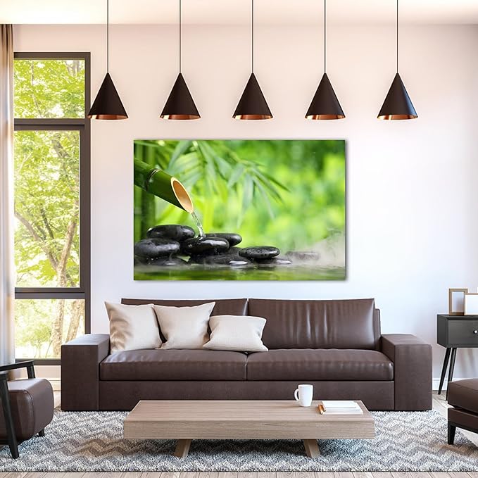 Zen Wall Art Decor, Modern Bathroom Zen Decor Wall Art, Canvas Wall Art for Spa Zen Room Decor, Green Bamboo Forest and Black Pebble Relaxing Art Prints for Office & Spa Wall Decor 24x36 Inches