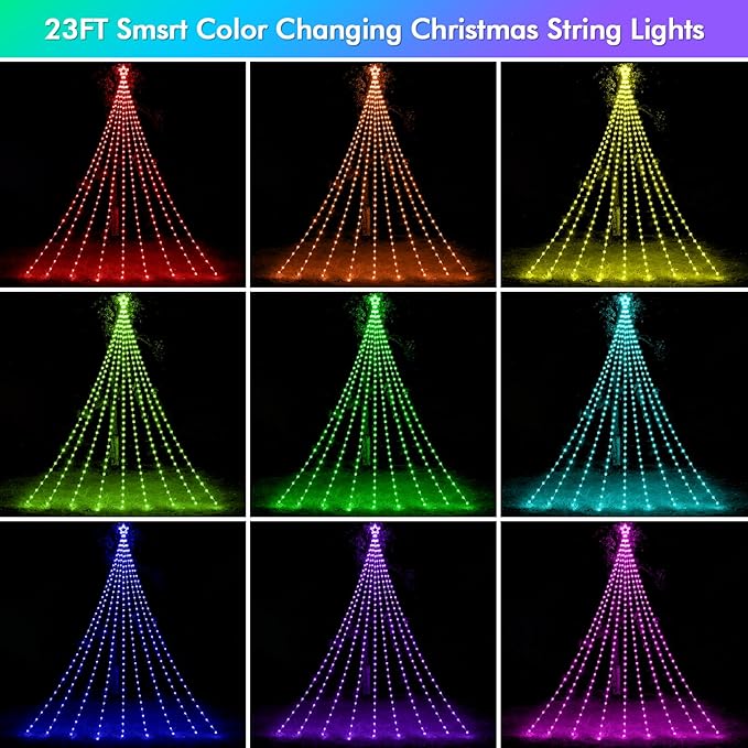 23FT Outdoor Christmas Decorations, Smart RGB Color Changing Christmas Hanging Waterfall String Lights, APP Remote Control, DIY Multi-Color Lightshow, Music Sync, Outside Xmas Lights Decor