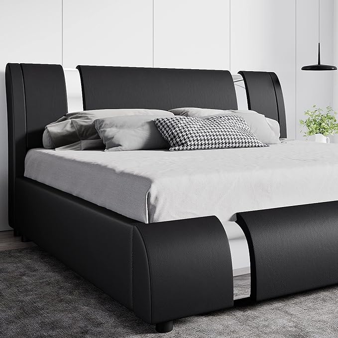 SHA CERLIN King Size Bed Frame with Iron Pieces Decor and Adjustable Headboard/Deluxe Upholstered Modern Platform Bed with Solid Wooden Slats Support/No Box Spring Needed, Black