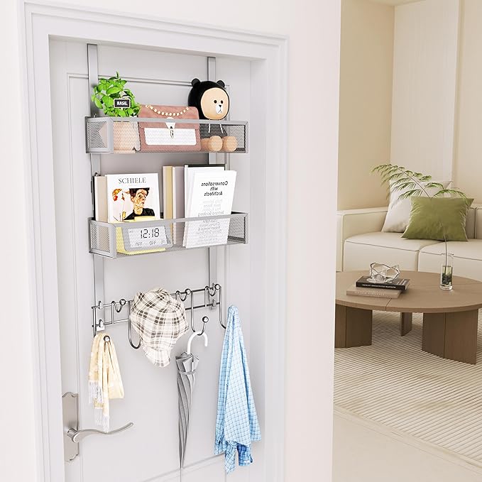 HapiRm Over The Door Hanger with Coat Hooks and 2 Baskets, Rustproof & Waterproof Over The Door Hooks, Storage Organizer for Hats, Bathroom, Kitchen, Bedroom - Brushed Nickel