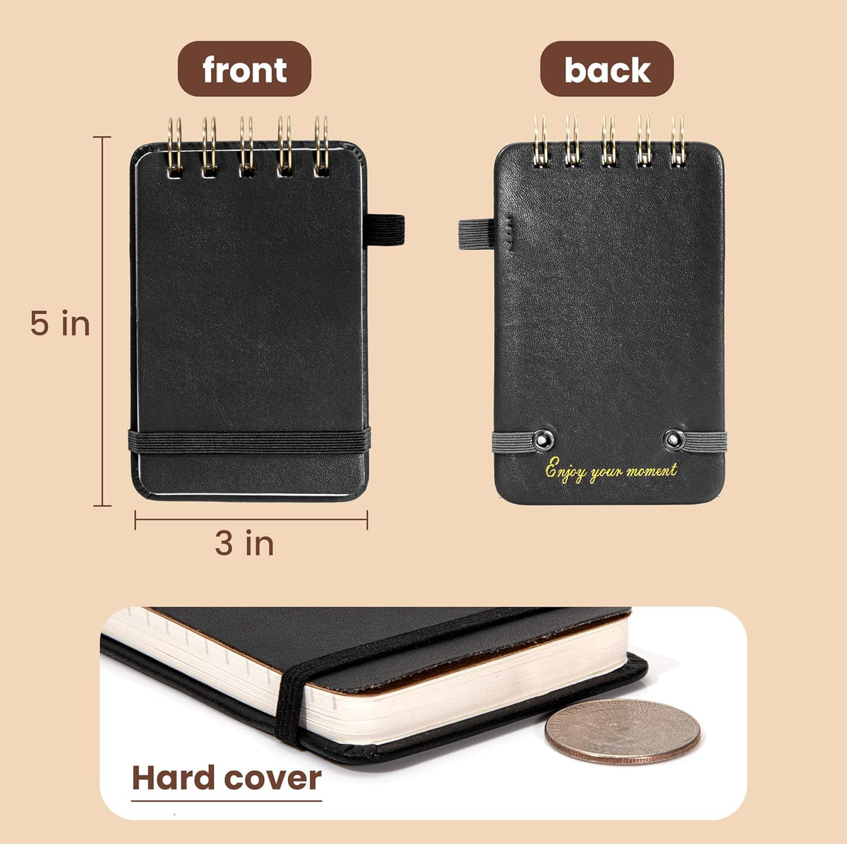 Yoment Small Notebooks 3x5 Leather Pocket Notepad 150 Pages Mini Top Spiral Notebook, 100 GSM Thick Paper, Memo Note Pads for Work School Nursing, Black