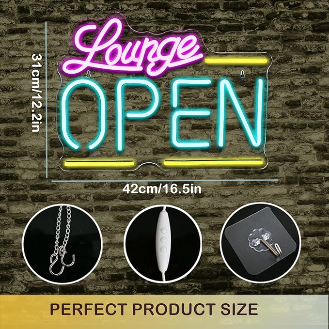Lounge Open Neon Signs,Bright Led Light, Dimmable, for Business Walls, Shop Coffee, Salon Hotel Store 16.5'' * 12.2'' (USB Powered)