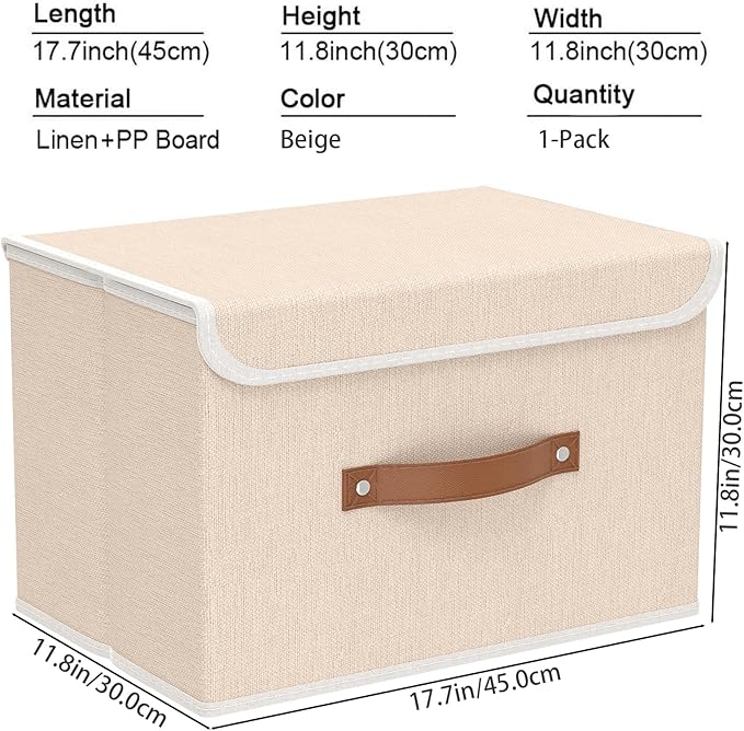 Yawinhe Collapsible Storage Boxes, Linen Fabric Baskets, Bin with lid and Leather Handle, Washable, for Home, Closet, Beige, 17.7''Lx11.8''Wx11.8''H, 1-Pack, USNK024BEX-1