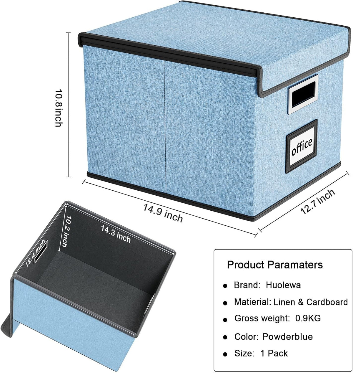 Huolewa Collapsible File Storage Organizer Box with Lid, Hanging File Folders Box Organizer with Plastic Slides, Decorative Home/Office Filing System Boxes for File and Folders Storage - Powderblue