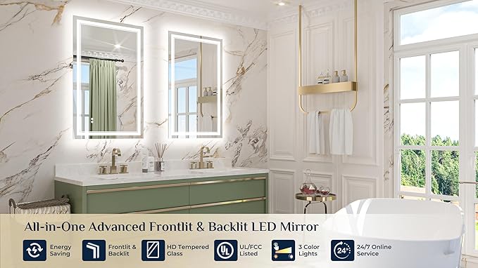 Keonjinn LED Bathroom Mirror with Lights, 40 x 24 Inch Frontlit & Backlit Mirror for Bathroom Wall, HD Tempered Glass, UL-Listed LED Driver, Anti-Fog, 3 Color Temperature, Dimmale, Memory Function