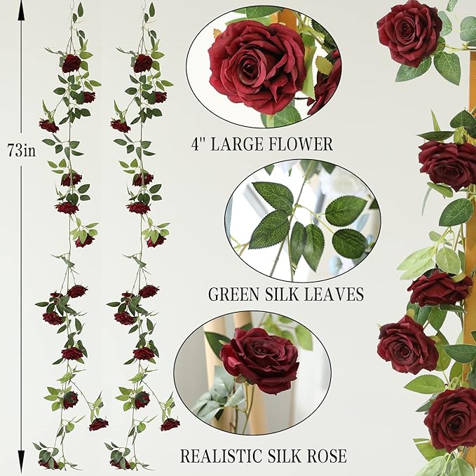 2 Strands 73'' Artificial Silk Rose Flower Vines Garland, Fake Roses Floral Green Leaves Hanging Plant for Wedding Arrangement Decoration, Wall, Party, Bedroom, Home Decor (Burgundy)