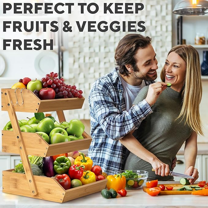 KOMFORA Bamboo Fruit Basket 3-Tier - Premium Produce Basket for Kitchen w/ 2 Hangers - Durable & Easy to Assemble Stand for Countertop - Perfect Holder for Vegetables, Bread, Snacks & More