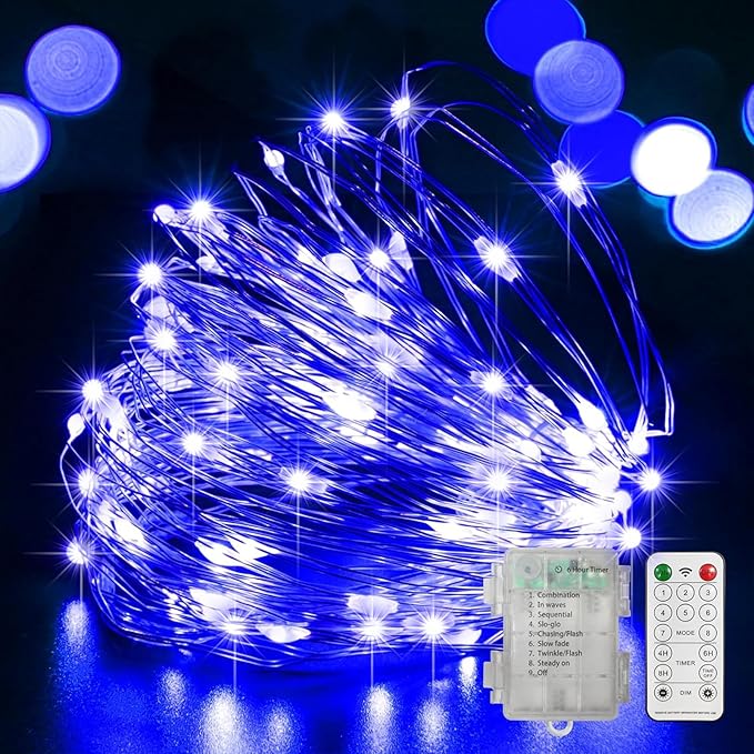 LAMPHOME 100 LED Blue Fairy Lights Battery Operated, Mini Battery Powered Copper Wire Starry String Lights,Light Length 32.5Ft, Multi Functions & Timer, with Remote Indoor/Outdoor use