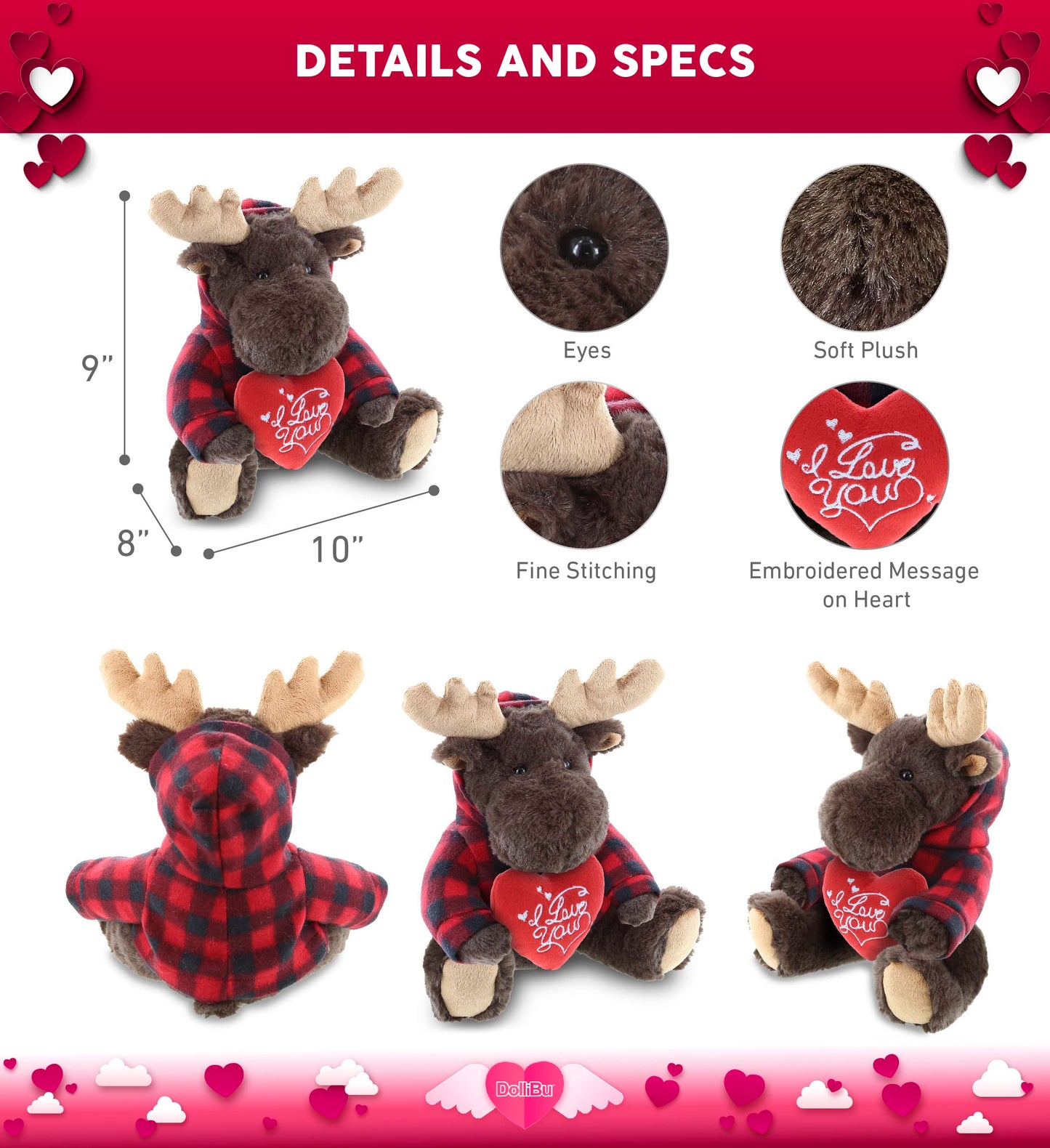 DolliBu I Love You Valentine Plush Moose with Red Plaid Hoodie - Cute Stuffed Animal with Red Heart and Name Personalization Gift for Valentines Day, Birthday, Anniversary, Romantic Date - 10 Inches