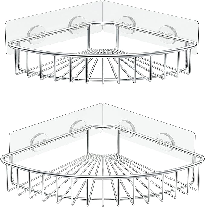 SMARTAKE 2-Pack Corner Shower Caddy, SUS304 Stainless Steel, Wall Mounted Bathroom Shelf with Adhesive, Storage Organizer for Toilet, Dorm and Kitchen (Silver)