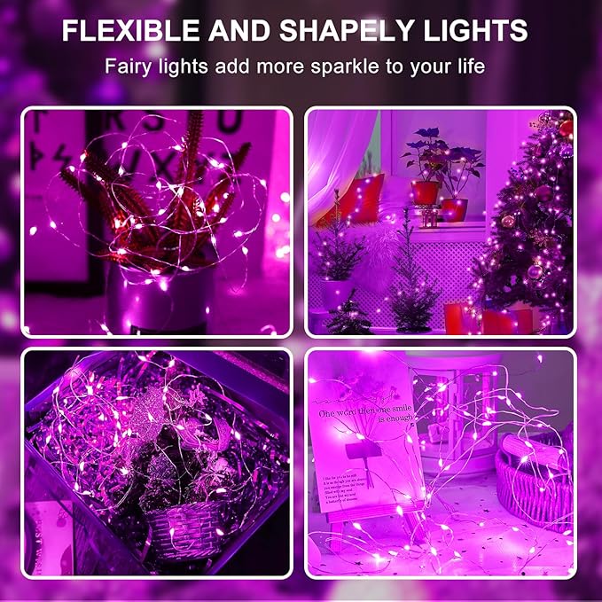 Aogist 24 Pack Fairy Lights 3 Modes 7ft 20 LED Waterproof,Battery Operated Silver Wire Firefly Starry Moon Mini String Lights for Mason Jars Christmas DIY Crafts Wedding Party Bedroom,Pink