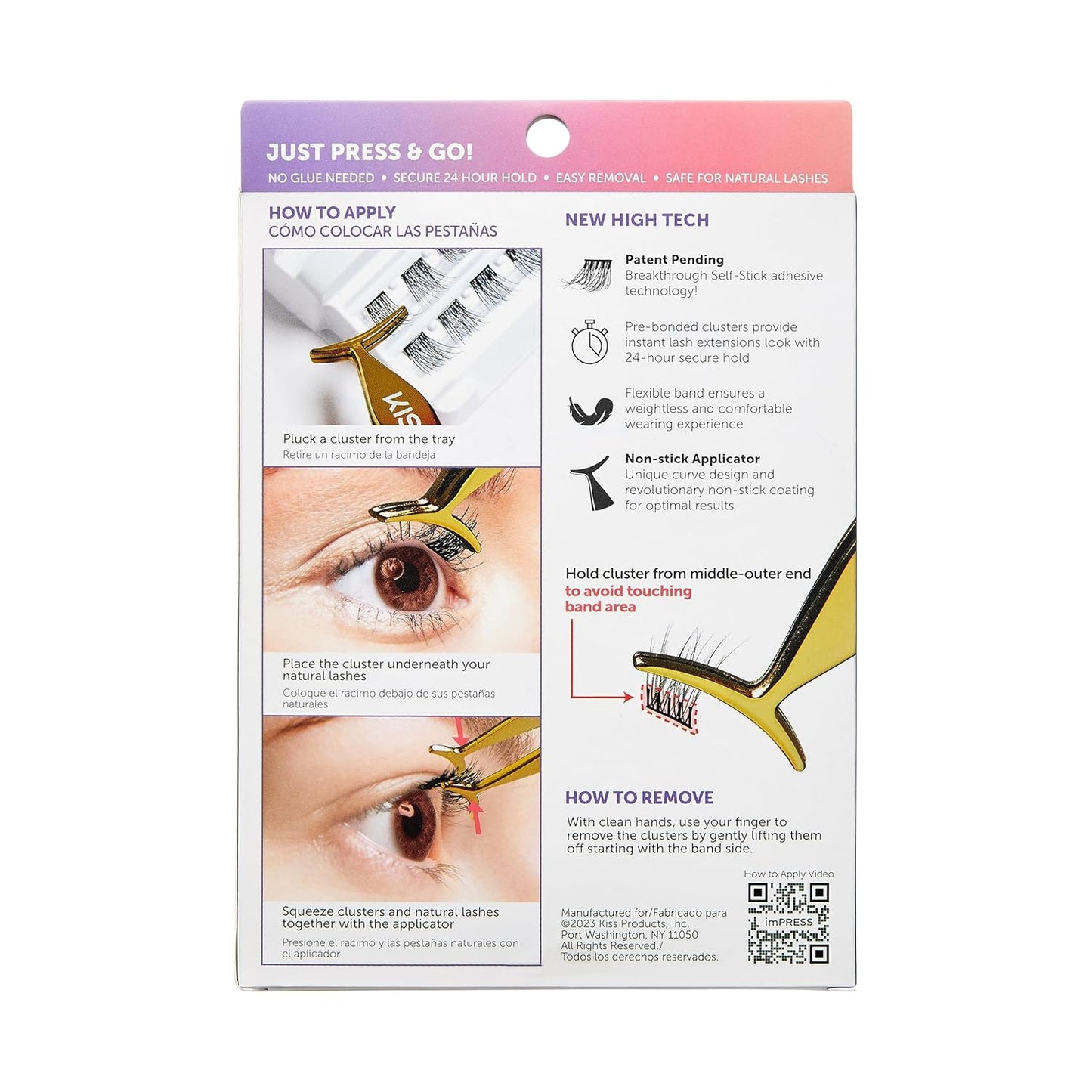 KISS imPRESS Falsies Self Adhesive Eyelashes, Press On Lashes, 12mm-14mm Glam Volume Lashes, Black, No Glue Needed, Invisible Band, 36 Lash Clusters & Non-Stick Applicator - Voluminous