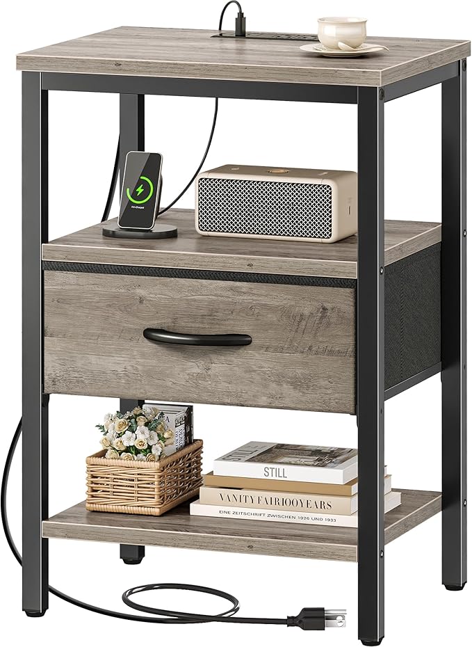 SUPERJARE Nightstand with Charging Station, Bed Side Table with Adjustable Fabric Drawer, Night Stand for Bedroom, 3-Tier Storage End Table, for Living Room, Oak