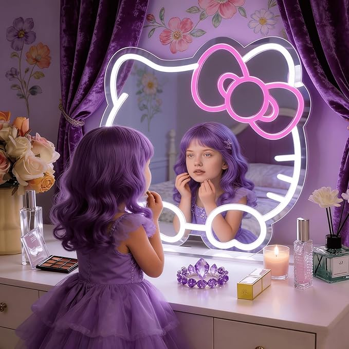 Hello Kit Mirror with Light Neon Signs for Room Decor, USB Powered Cute Cat LED Lights, Teen Girl Best Gift, Makeup Mirror Neon Sign Wall Decor (White)