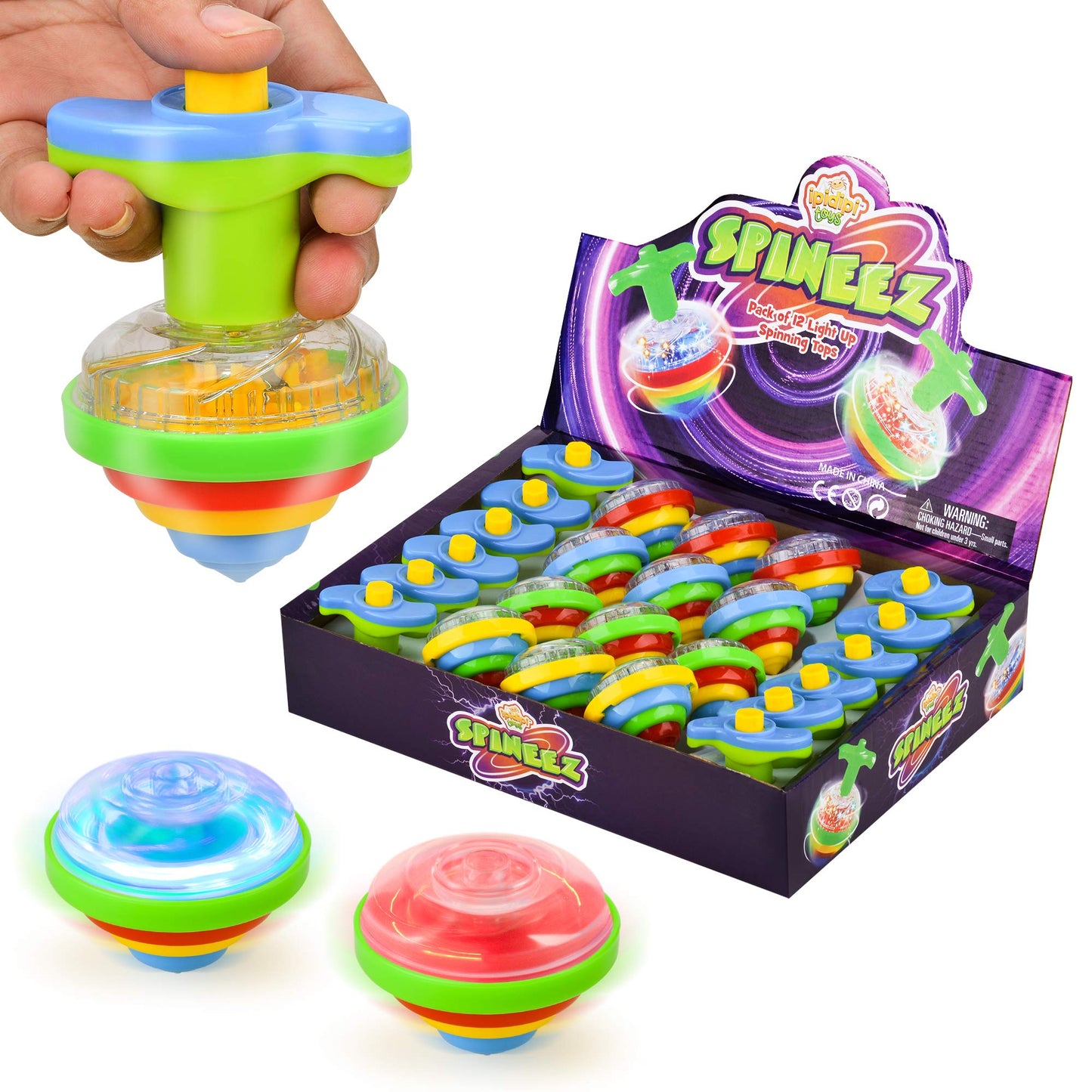 IPIDIPI TOYS Spineez Light Up Spinning Tops – 12-Pack LED Spinner Toys for Kids – Ideal Birthday Party Favors, Goodie Bag Stuffers, School Prizes, Classroom Rewards for Boys & Girls – Blue