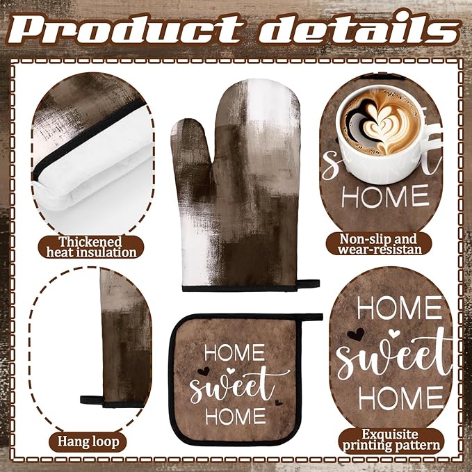 16 Pcs Abstract Art Kitchen Decor Set 4 Brown Kitchen Towels 2 Non Slip Rugs and Mats for Floor 2 Modern Oven Mitts Gloves 2 Pot Holders 4 Placemats 2 Art Abstract Curtains for Home Decoration Gift