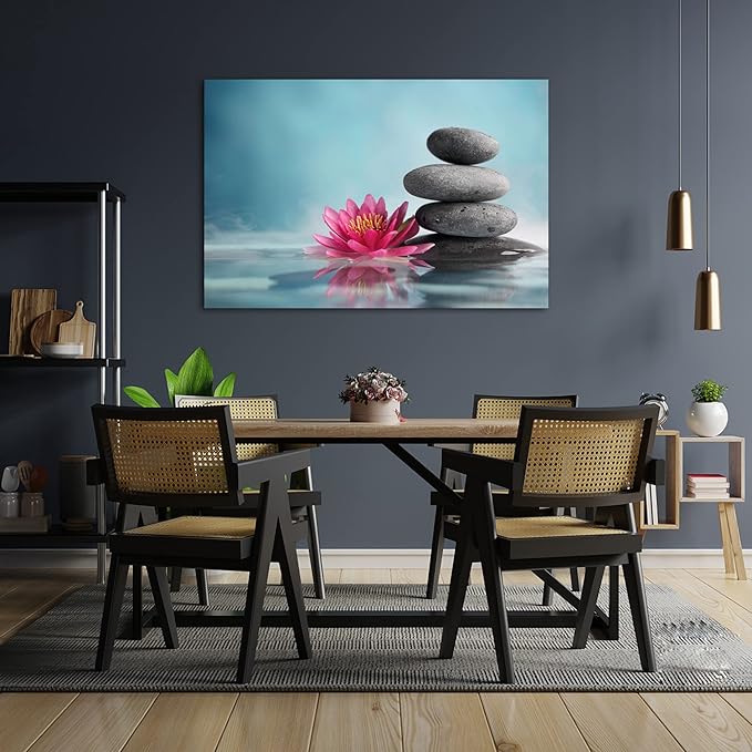 Zen Wall Art Decor, Modern Bathroom Zen Decor Wall Art, Large Zen Relaxing Canvas Wall Art for Spa Room Decor, Black Pebble and Pink Flower Zen Art Prints for Office & Spa Wall Decor 28x40 Inches
