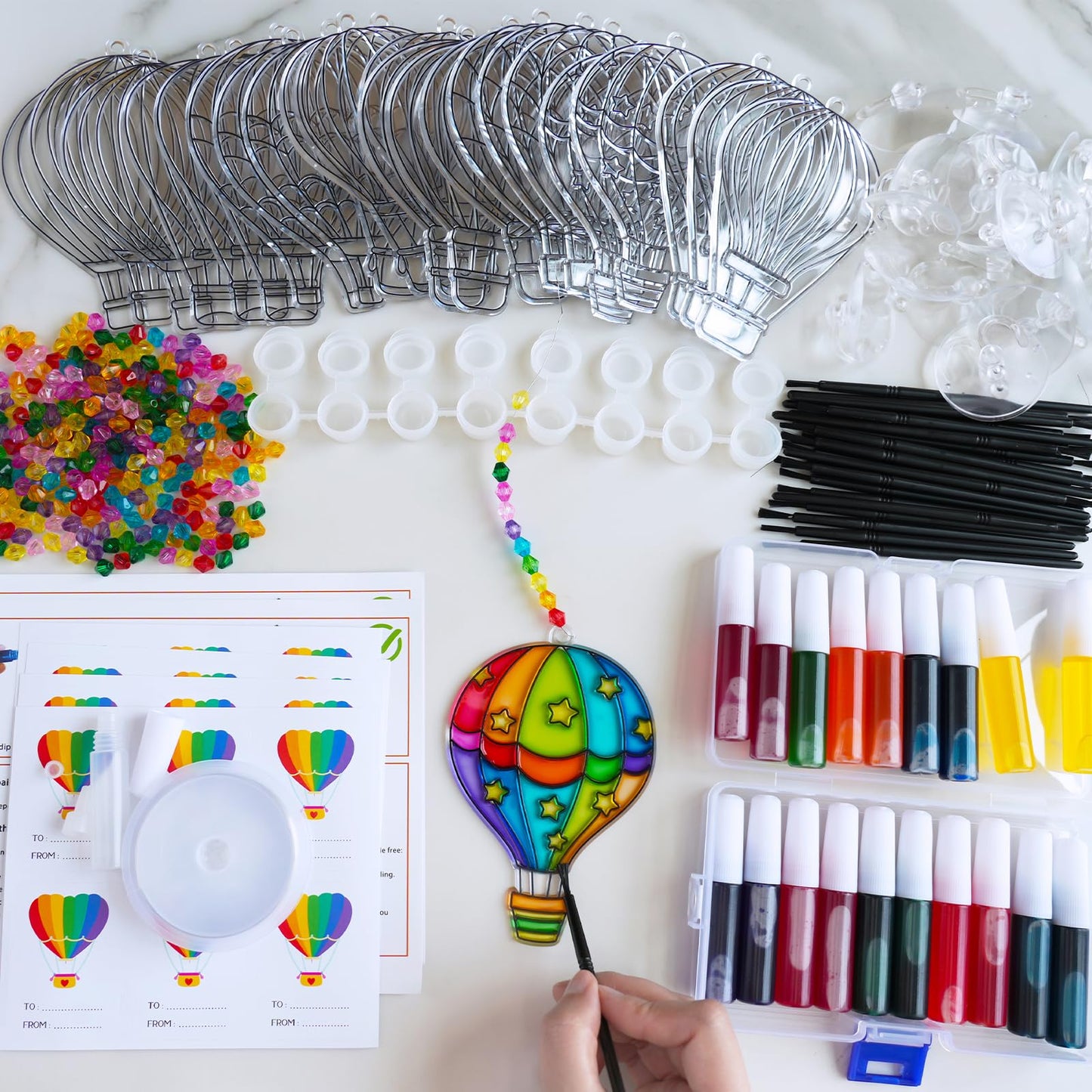 Winlyn 24 Sets Hot Air Balloon Suncatchers Decorations DIY Window Paint Art Craft Kits Rainbow Hot Air Balloon Painting Kit for Kids Classroom Activities Birthday Summer Camping Party Art Project