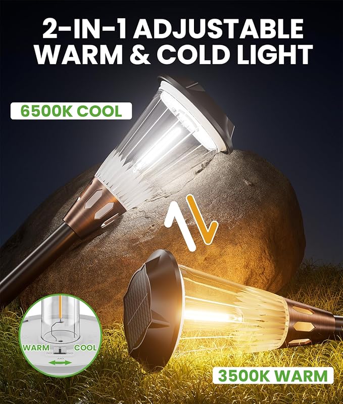 Bright Solar Lights Outdoor 6 Pack, 2-in-1 Warm&Cool Solar Pathway Lights Waterproof IP65, Auto On/Off Outdoor Light for Path Walkway Driveway Lawn