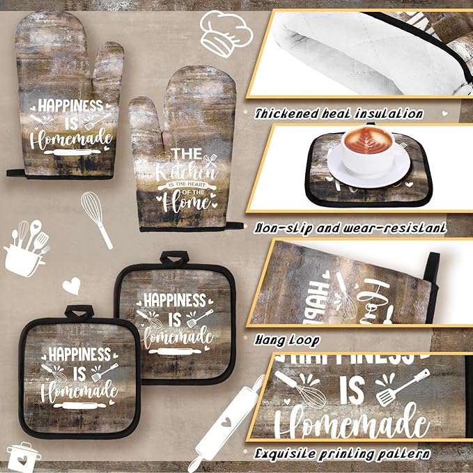 Fourluoo 10 Pcs Farmhouse Kitchen Decor and Accessories Set 4 Kitchen Towels 2 Pot Holders 2 Oven Mitts 2 Rugs for Cooking Baking Mom Housewarming Gifts(Brown Gray,Classic Style)
