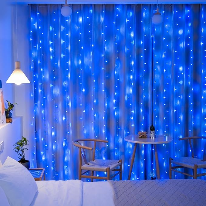JMEXSUSS 300LED Curtain Lights, Blue Christmas Lights with Remote, Blue String Lights for Bedroom Wall Window Backdrop Garden Indoor Outdoor Pool Patio Yard Porch Decorations, 9.8x9.8ft