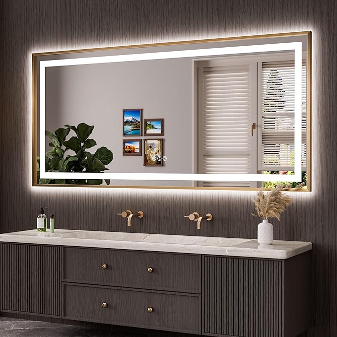 Amorho 77"x 36" Gold LED Bathroom Mirror, Metal Framed Mirror with Front Light and Backlit, Stepless Dimmable, Anti-Fog, Shatter-Proof, Memory, 3 Colors
