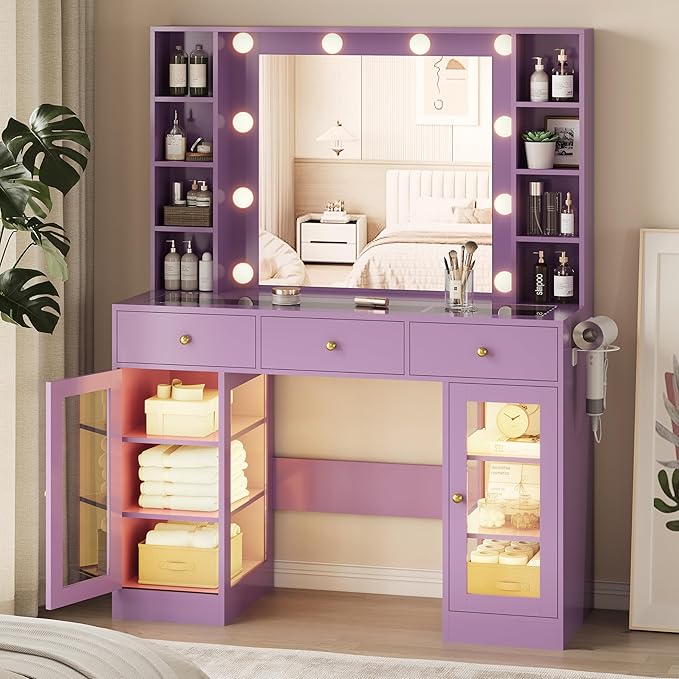 Makeup Vanity Desk with Mirror and Lights, Glass Top Vanity Table Set with Drawers & Power Outlet, Large Dressing Table with 3 Color Lighting Modes & RGB Cabinets for Women Girls Kids Bedroom, Purple