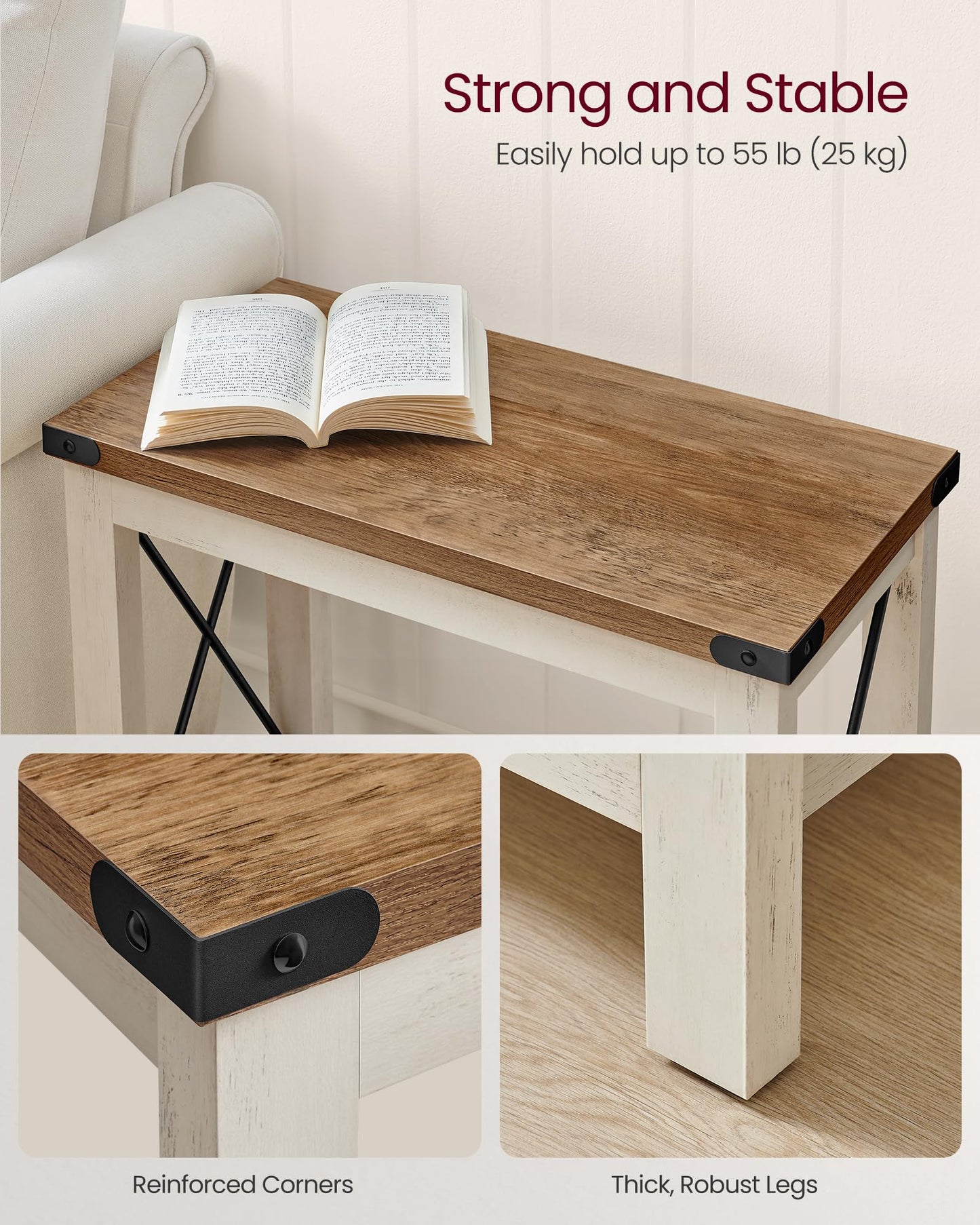 VASAGLE 2-Tier Side Table, End Table with Bottom Shelf, Nightstand for Small Spaces, for Living Room, Bedroom, Farmhouse Style, Rustic White and Honey Brown LET235W01