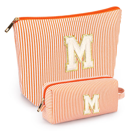mibasies 2 PCS Initial Makeup Bags: Mothers Day Gifts for Women - Best Friend Birthday Gifts Graduation Gifts Wedding Bridesmaid Girlfriend Wife Daughter Sister Girl Gifts - Orange M