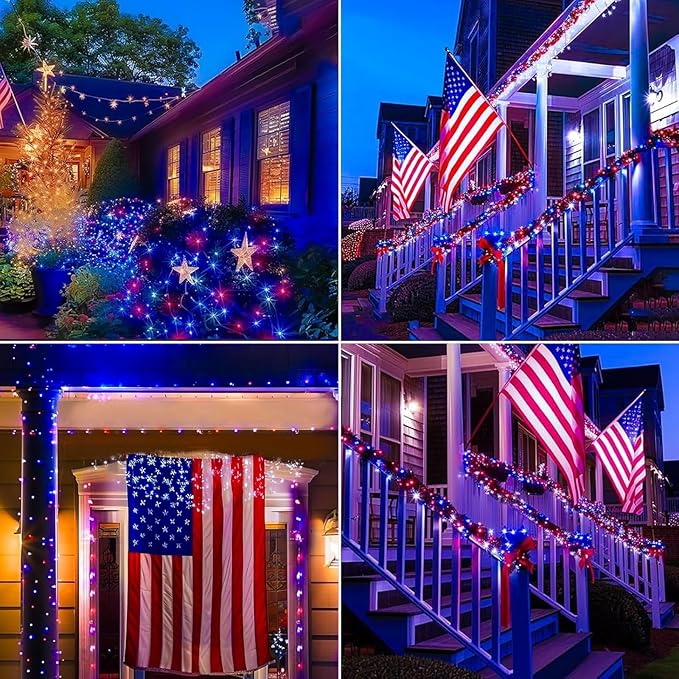 LAMPHOME Patriotic Fairy Lights Battery Operated, 33Ft 100 LEDs Waterproof Twinkle Firefly Lights,Starry String Light for Independence Day Patriotic Holidays Decoration (Red, White & Blue)