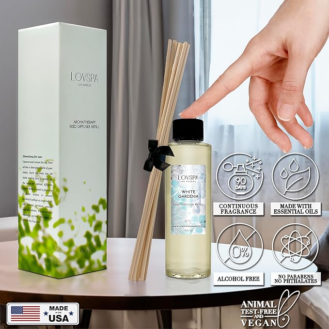 LOVSPA White Gardenia Diffuser Oil - Luxury Essential Oils for Diffuser Refill & Air Freshener Room Spray - Long-Lasting & Natural Home Fragrance, Scented Oil for Diffusers, USA Made, 4oz