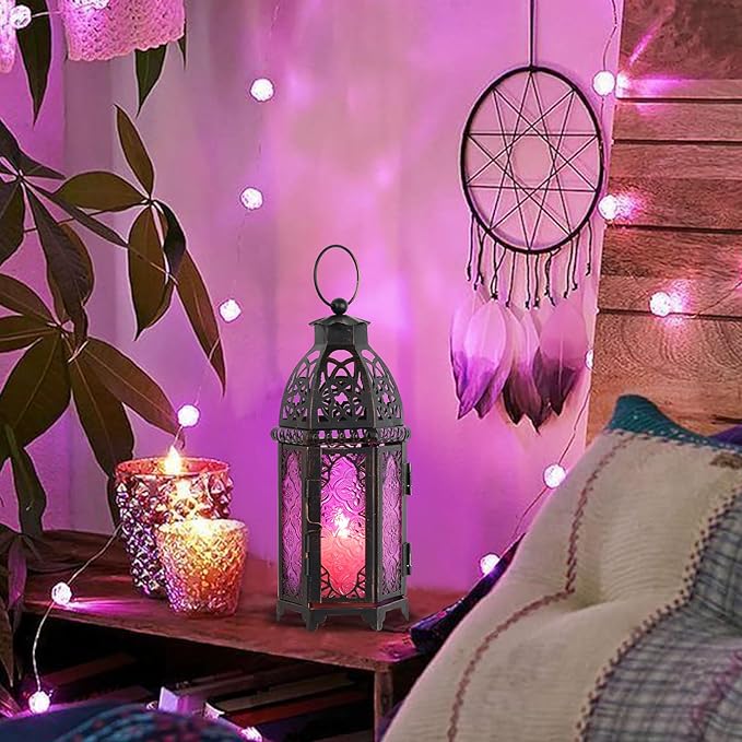 DECORKEY Halloween Lanterns Decorations Indoor & Outdoor, 11’’ Medium Size Vintage Metal Hanging&Tabletop Candle Holder Decor, Christmas Ramadan Decorations for Home Porch Patio (Purple)