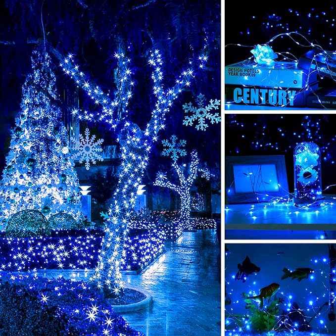 Christmas String Lights Waterproof 100 LED Battery Operated Fairy Lights Indoor Outdoor for Wedding Home Party Christmas Holiday 2PC (Blue)