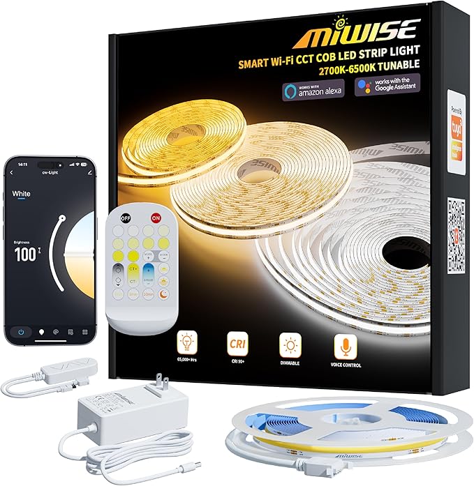 MIWISE COB LED Strip Light White LED Tape Lights 2700K-6500K 24V Color Changing Dimmable 20ft UL-Listed Super Bright with Remote & APP Control for Under Cabinets,Bedroom,Kitchen,Mirror,TV DIY Lighting