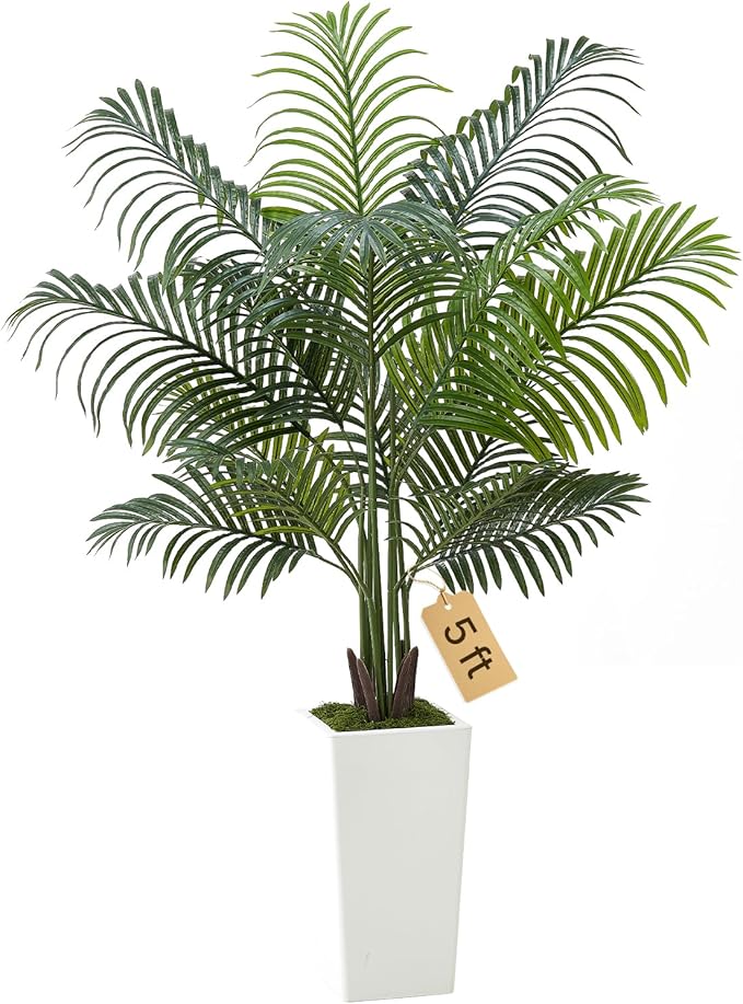 VEVOR Artificial Areca Palm Tree 5 ft, Fake Palm Tropical Plants with White Tall Planter, Faux Floor Silk Plant in Pot, Large Trees for Home Office Living Room Decor House Warming, Indoor Outdoor