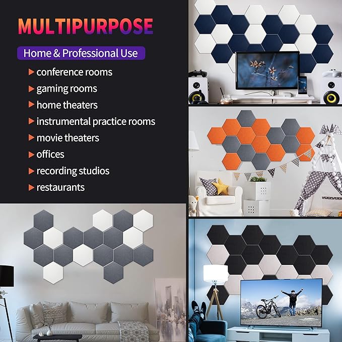 Mollywell Hexagon Acoustic Panels 14x12 - Reduce Echo & Reverb, Noise Blocking Wall Tiles for Studio & Bedroom, Violet Sound Absorbing Panels