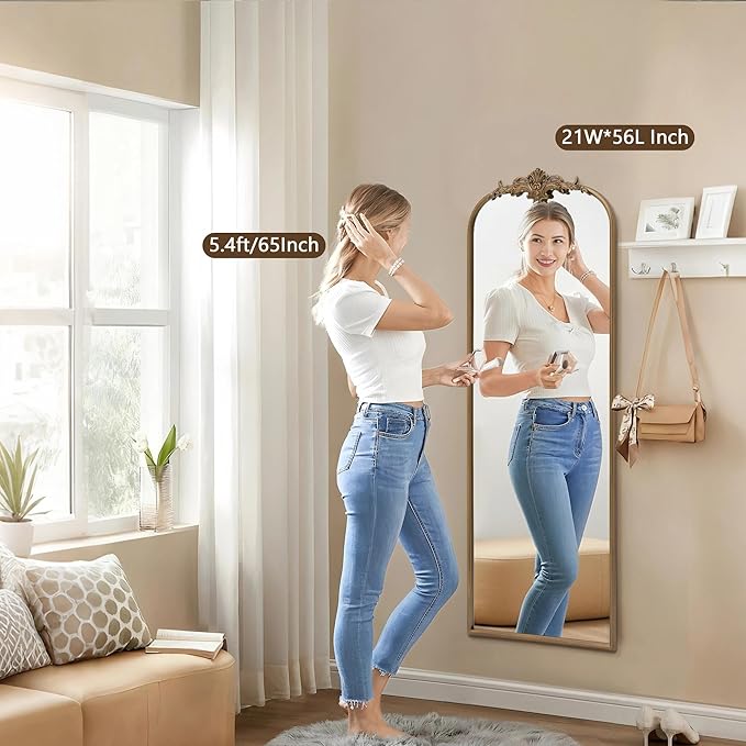 Besdomus Vintage Mirror Full Length: 21"x56" Gold Arched Full Body Mirror - Floor Antique Baroque Traditional Ornate for Entryway/Cloakroom/Bedroom/Living Room - Home Decor for Fashion-Conscious