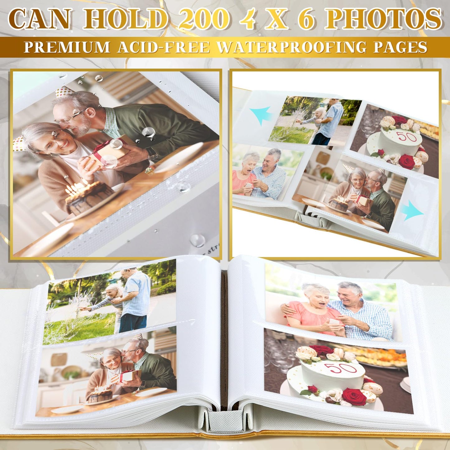 Dunzoom Memory Photo Album Holds 200 Pcs 4 x 6 Inch Leather Wedding Anniversary Family Photo Album with Front Window Double Heart Memory Scrapbook for Couple Gifts(50th Anniversary)