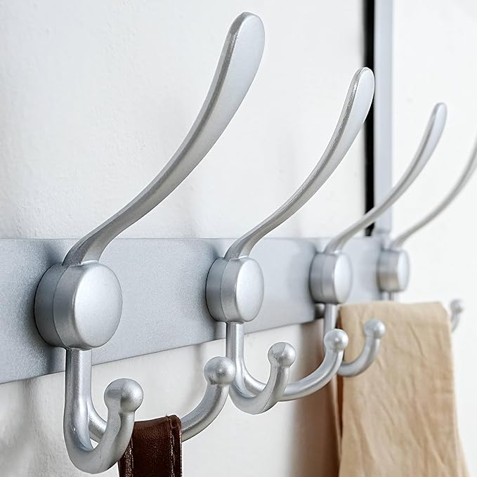 Dseap Over The Door Hook Hanger - Fits 1 3/8" to 1 3/4" Standard Doors | 5 Tri Hooks Heavy Duty Towel/Coat Rack | Door Organizer for Clothes, Jackets, Hats, Towels, Silver, Pack of 2