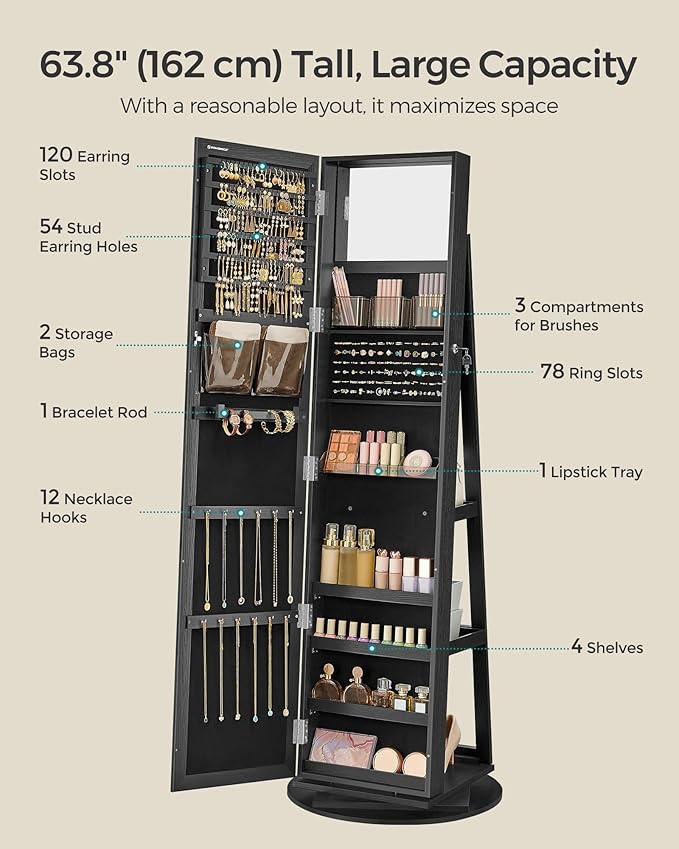SONGMICS 360° Swivel Jewelry Cabinet, Lockable Jewelry Organizer with Full-Length Mirror, Rear Storage Shelves, Interior Mirror, Jewelry Armoire, Christmas Gifts for Women, Gift Idea, Black UJJC006B01