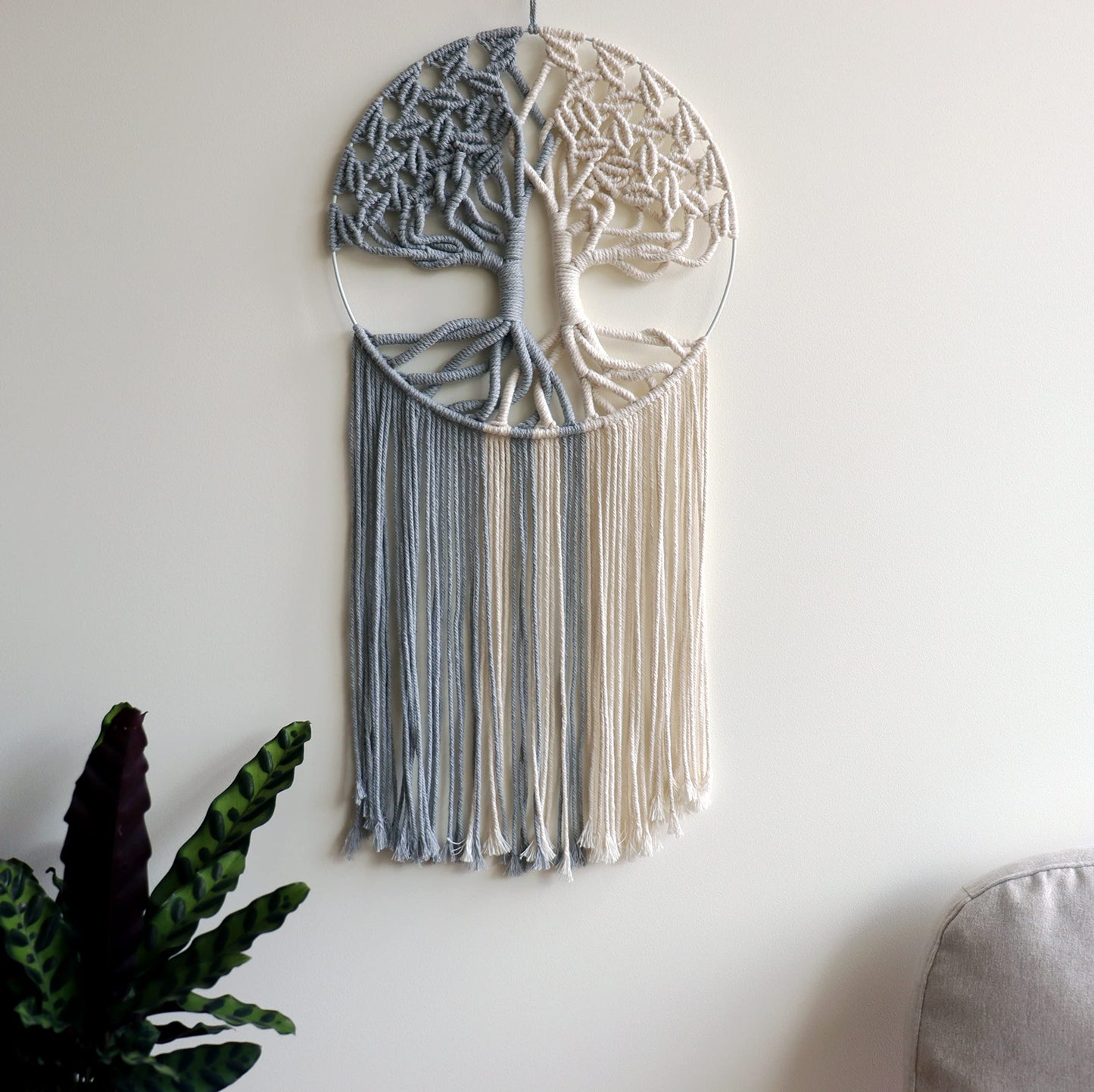 GUKALYLY Tree of Life Macrame Wall Hanging,Chic Handmade Woven Boho Home Décor,Eclectic Wall Decor for Bedroom Nursery Apartment Dorm Decoration,Gift for Teen Girl Mom(13" W X 31.5"" L) (Grey&White)"
